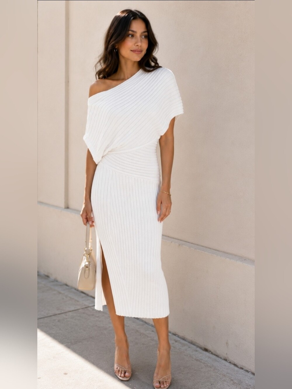 Cult Gaia Naunet Asymmetric neck knitted midi dress Off White Small